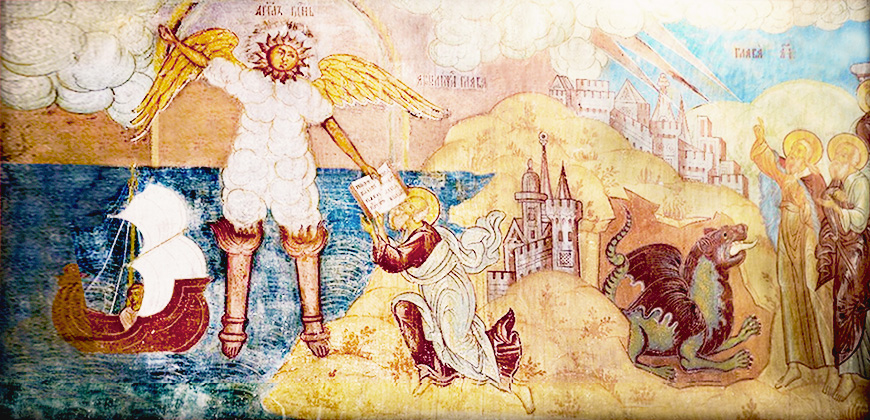 читать апокалипсис иоанна богослова в простом изложении : Ангел облеченный в облако, два свидетеля и зверь. Фреска из Крестовоздвиженского собора г.Тутаева